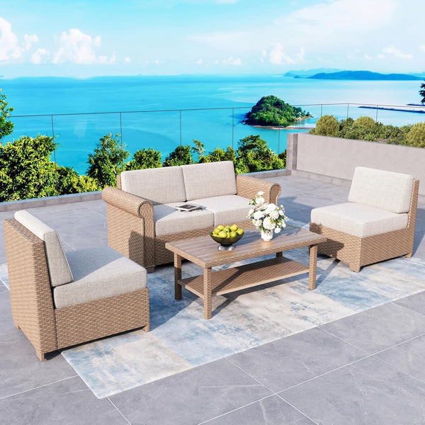 L-Shape Outdoor Wicker Sectional Sofa Set with Cushions & Coffee Table