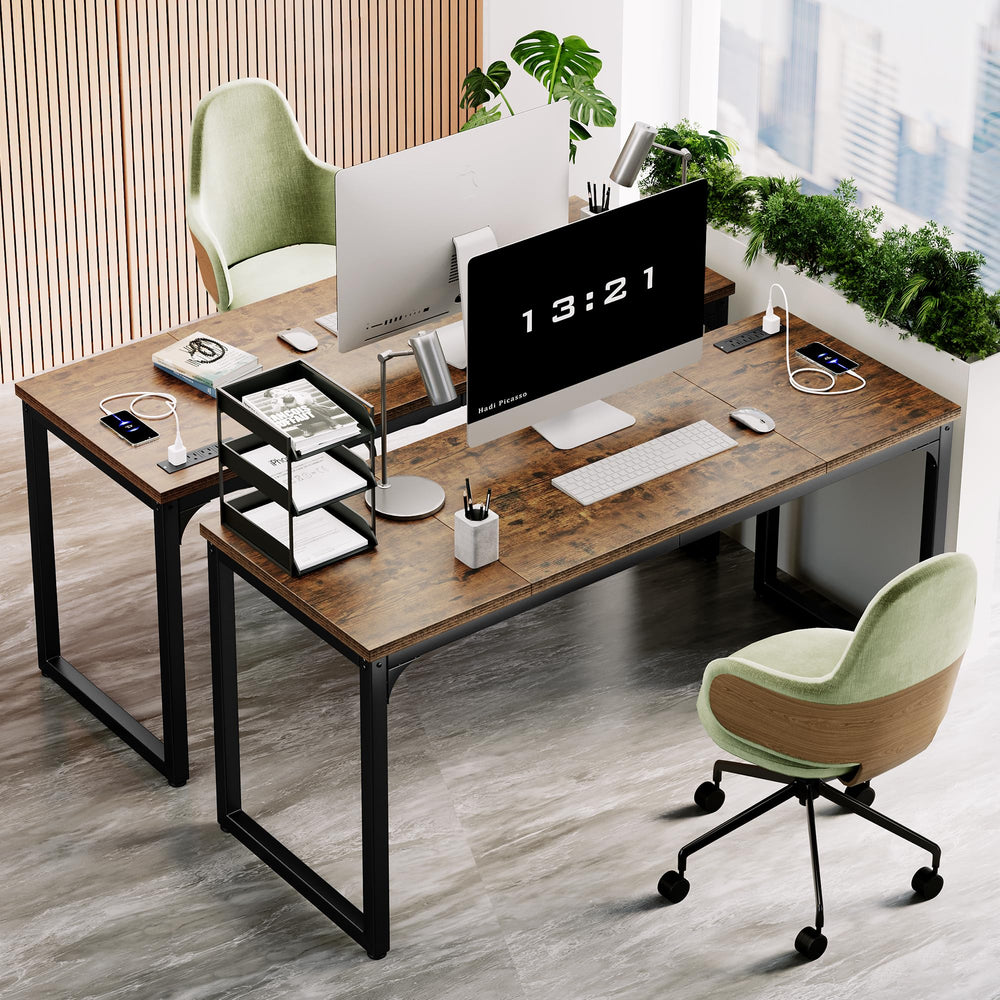 Computer Desk with Power Outlets – Engineered Wood & Steel Frame