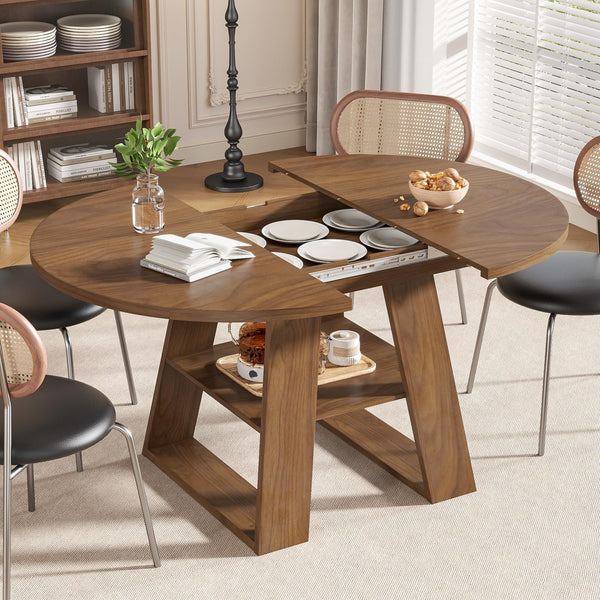 Extendable Round Dining Table with Storage Shelf