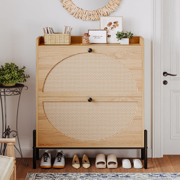 Rattan Shoe Cabinet with Flip Drawers