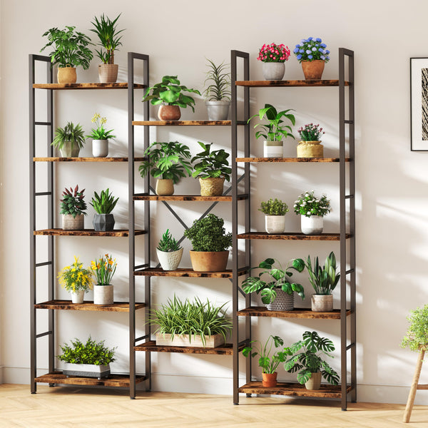 Triple Column 5-Tier Bookshelf, Industrial Wide Bookcase