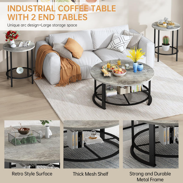 Round Coffee Table and End Table Set of 3 with Storage