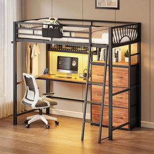 Twin Loft Bed with Desk, Storage Drawers & LED Lights