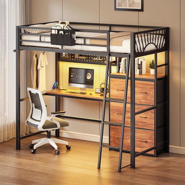 Twin Loft Bed with Desk, Storage Drawers & LED Lights