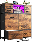 10-Drawer Dresser with LED Lights & Power Outlets – Fabric Chest of Drawers
