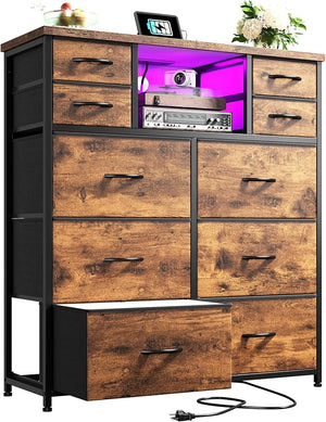 10-Drawer Dresser with LED Lights & Power Outlets – Fabric Chest of Drawers