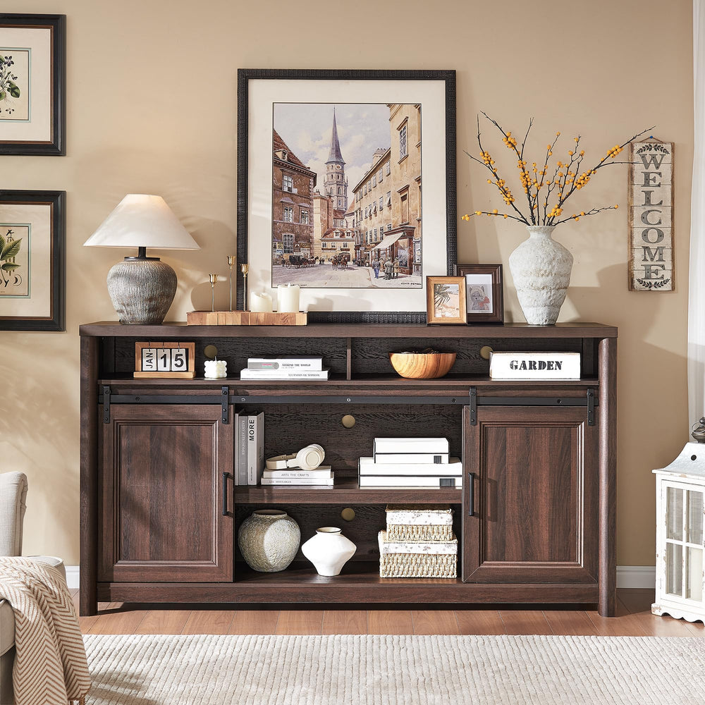 Farmhouse TV Stand with Sliding Barn Doors – Fits 80" TV