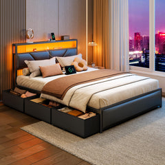 Queen & Full Platform Bed with Storage Headboard, LED Lights & Charging Station