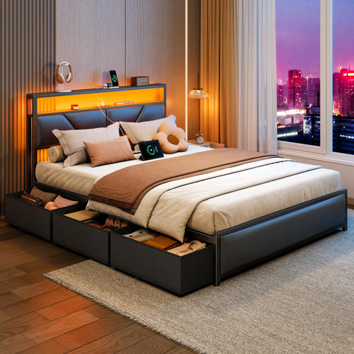 Queen & Full Platform Bed with Storage Headboard, LED Lights & Charging Station