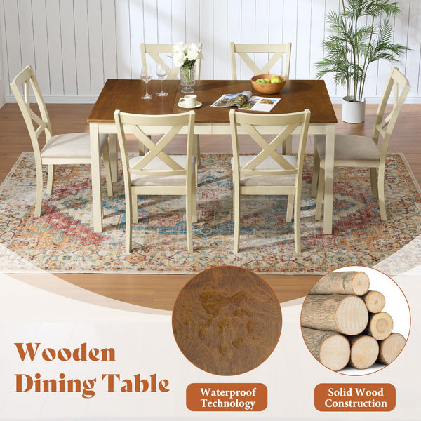 7-Piece Farmhouse Solid Wood Dining Table Set with 6 Upholstered Chairs