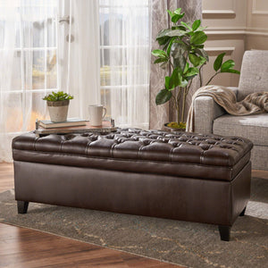 Round PU Storage Ottoman with Birch Legs