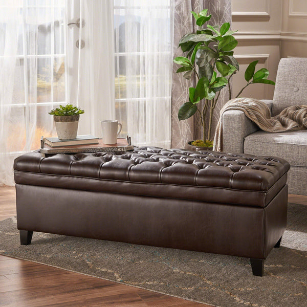 Round PU Storage Ottoman with Birch Legs