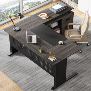 L-Shaped Executive Desk with File Cabinet and Storage Shelves