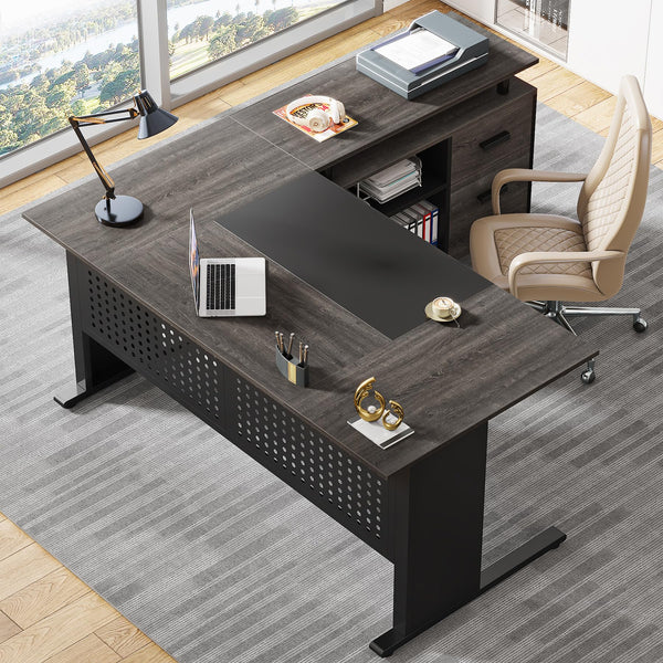 L-Shaped Executive Desk with File Cabinet and Storage Shelves