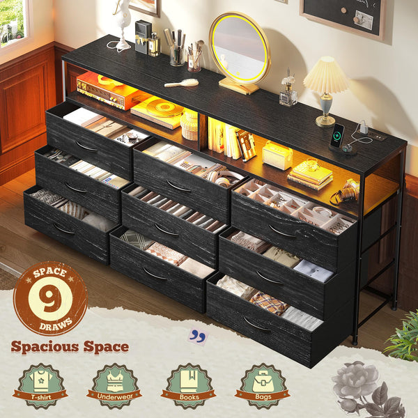Long Dresser with 9 Drawers, LED TV Stand & Power Outlets