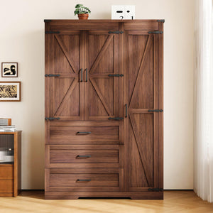 Farmhouse Armoire Wardrobe with Drawers & Hanging Rod