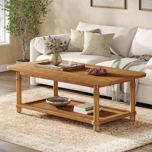 Solid Wood Rectangle Coffee Table with 2-Tier Storage