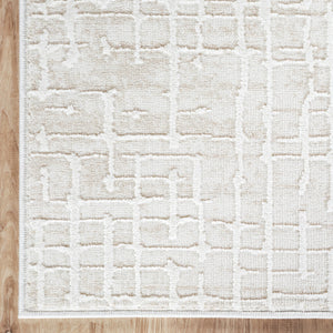 Beige Geometric Grid Area Rug – Medium Pile, Pet & Kid Friendly