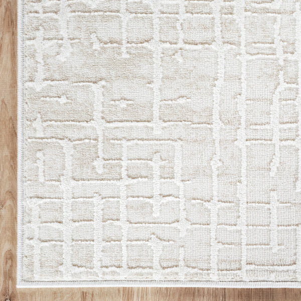Beige Geometric Grid Area Rug – Medium Pile, Pet & Kid Friendly