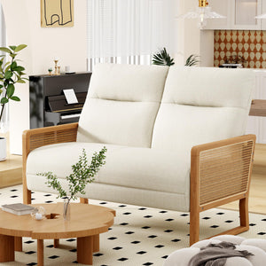 Linen Loveseat with Natural Rattan Arms & Oak Legs