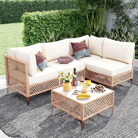 Outdoor Patio Sectional Sofa Set with Tempered Glass Coffee Table