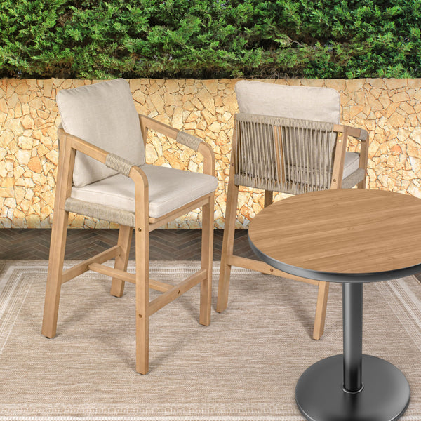 Acacia Wood Outdoor Bar Stools with Cushions & Armrests (Set of 2)