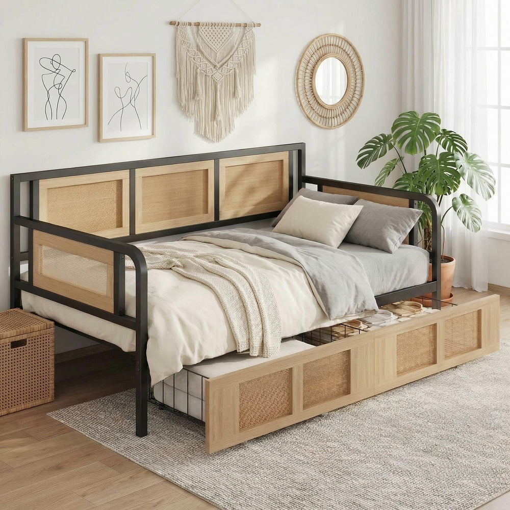 Twin Rattan Daybed with Storage Drawers