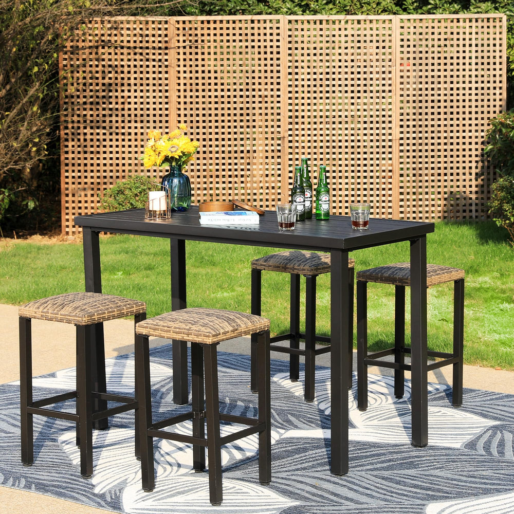 5-Piece Patio Bar Set with Metal Table & 4 Wicker Bar Stools