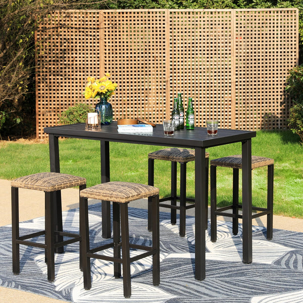 5-Piece Patio Bar Set with Metal Table & 4 Wicker Bar Stools