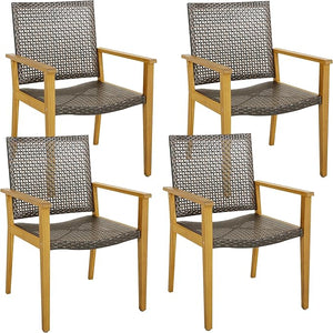 Outdoor PE Wicker Patio Dining Chairs Set of 4 with Acacia Wood Armrests