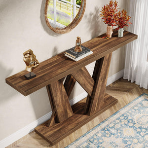 55-Inch Farmhouse Console Table with Geometric Base