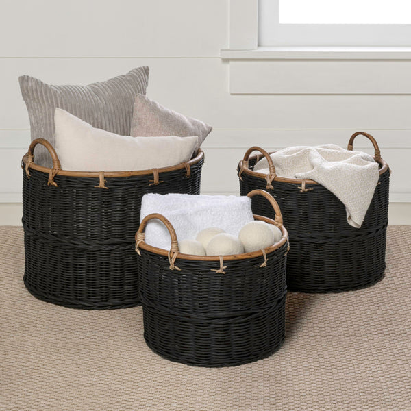 Handwoven Rattan Nesting Storage Baskets with Handles — Set of 3
