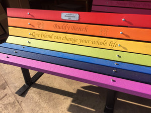 Recycled Plastic Buddy Bench with Friendship Saying – Rainbow