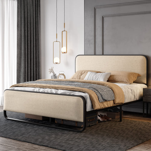 Queen Size Platform Bed Frame with Upholstered Headboard & Footboard