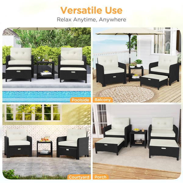 5-Piece PE Rattan Patio Conversation Set with Ottomans