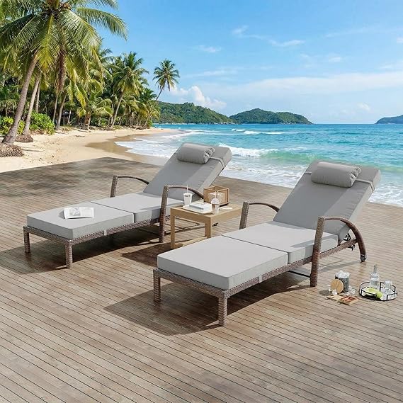 Outdoor PE Wicker Chaise Lounge Set of 2 with Adjustable Backrest