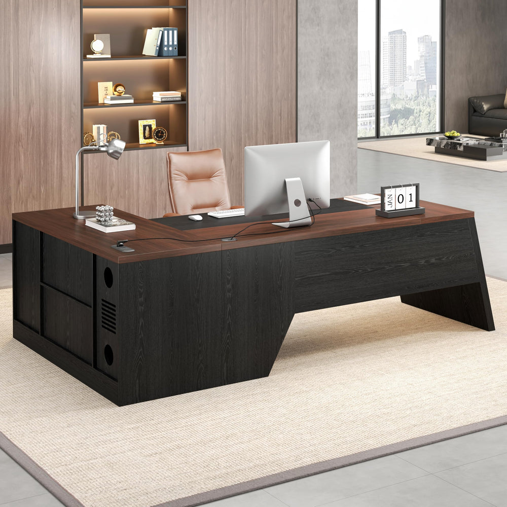 L-Shaped Executive Desk 78-Inch with Power Outlet & File Cabinet