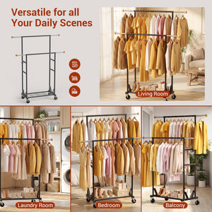 Rolling Garment Rack with Double Rod, Lockable Casters & Mesh Shelf