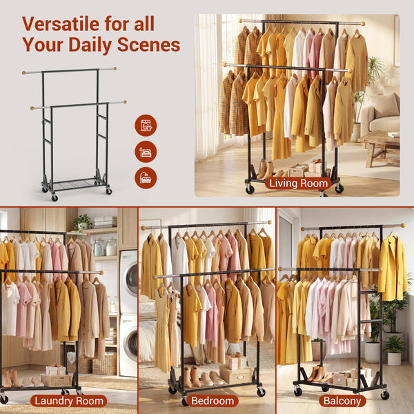 Rolling Garment Rack with Double Rod, Lockable Casters & Mesh Shelf