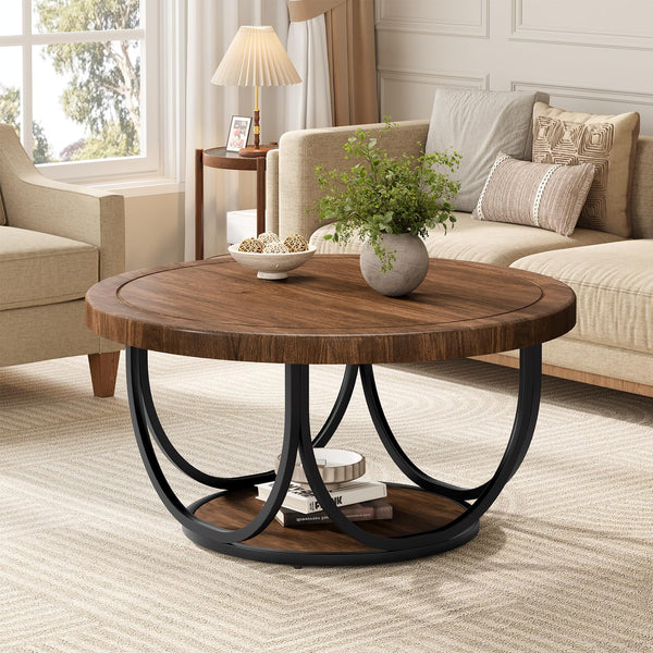 Round Coffee Table with Storage Shelf, 2-Tier Metal Frame