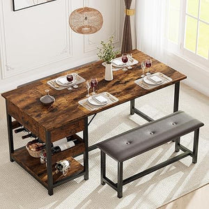 3-Piece Dining Table Set with Storage Drawers & Wine Rack
