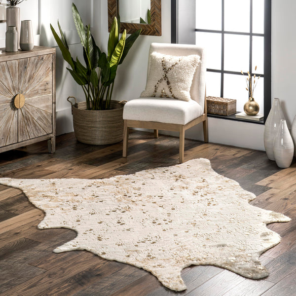 Animal Print Faux Cowhide Area Rug – 5' x 6'7" Off-White Gold