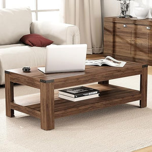 Farmhouse Coffee Table with Storage – 2-Tier Industrial Wood Center Table
