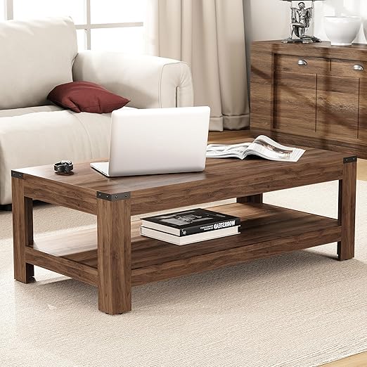 Farmhouse Coffee Table with Storage – 2-Tier Industrial Wood Center Table