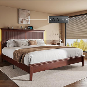 Solid Wood Bed Frame with Tall Headboard, Charging Station & RGB LED
