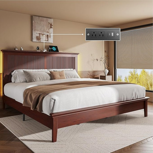Solid Wood Bed Frame with Tall Headboard, Charging Station & RGB LED