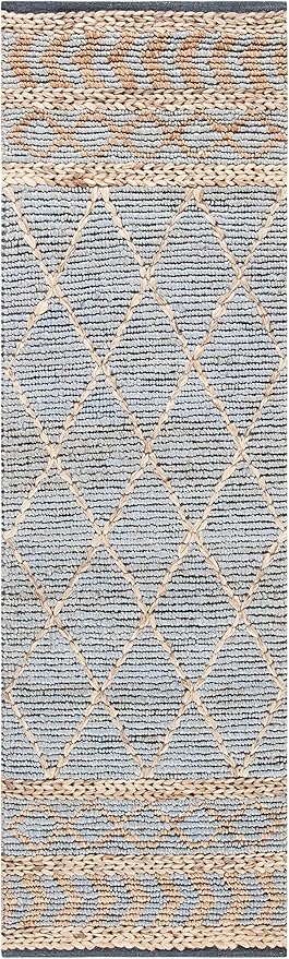 Hand-Woven Jute Area Rug – Natural & Blue Boho Moroccan Trellis