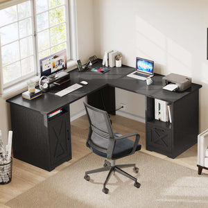 L-Shaped Desk with Power Outlets, File Drawer & Monitor Stand