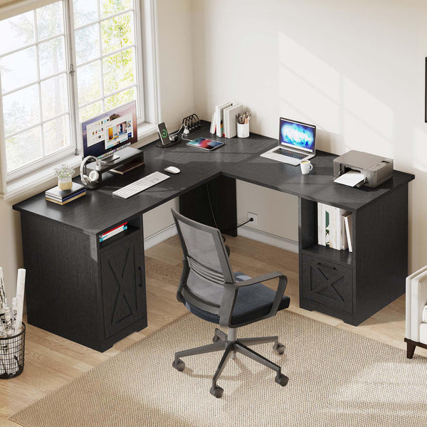 L-Shaped Desk with Power Outlets, File Drawer & Monitor Stand
