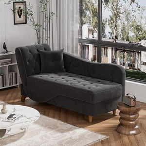Velvet Chaise Lounge Chair with Storage & Adjustable Backrest